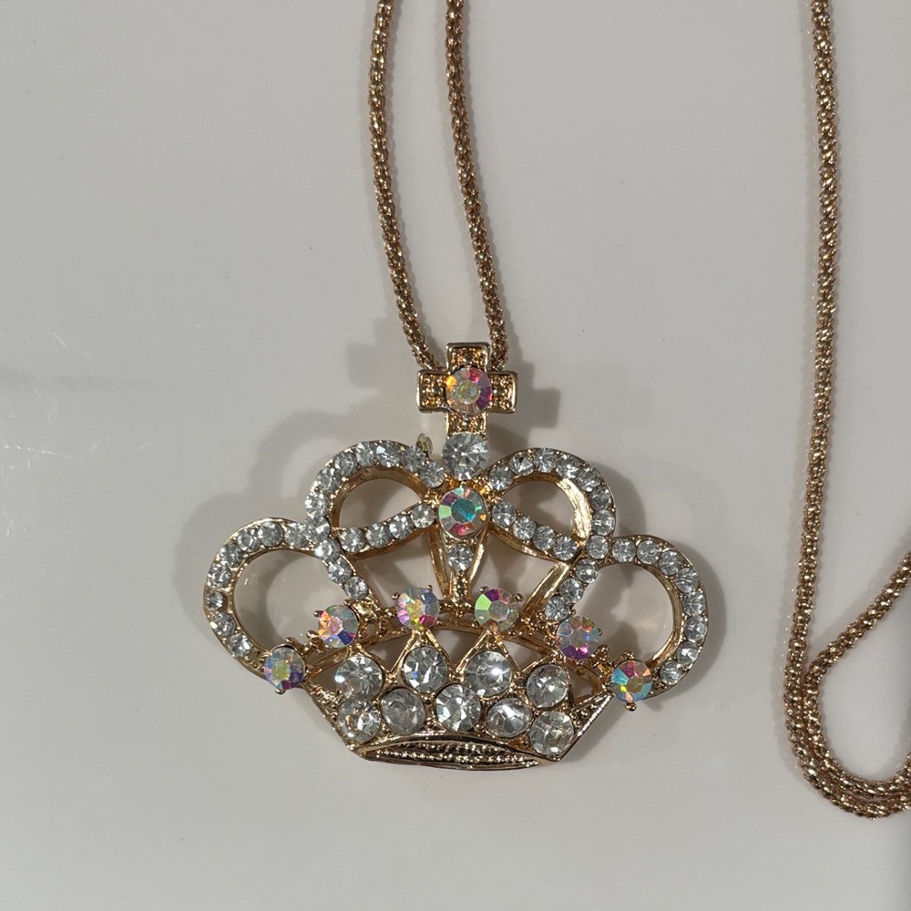 Gold Crown Pendant Necklace with Crystals